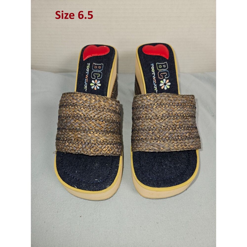 BC Footwear Platform Blue Tone Raffia Wedge Mules Y2K Retro Sandals Size 6.5